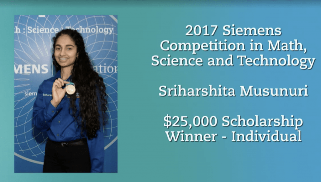 Sriharshita Musunuri was a national finalist at the 2017 Siemens Competition in Math, Science and Technology.